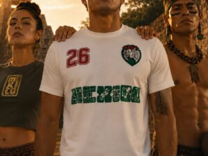 Playera tipo jersey México de Origo, foto editorial con tres modelos en exteriores