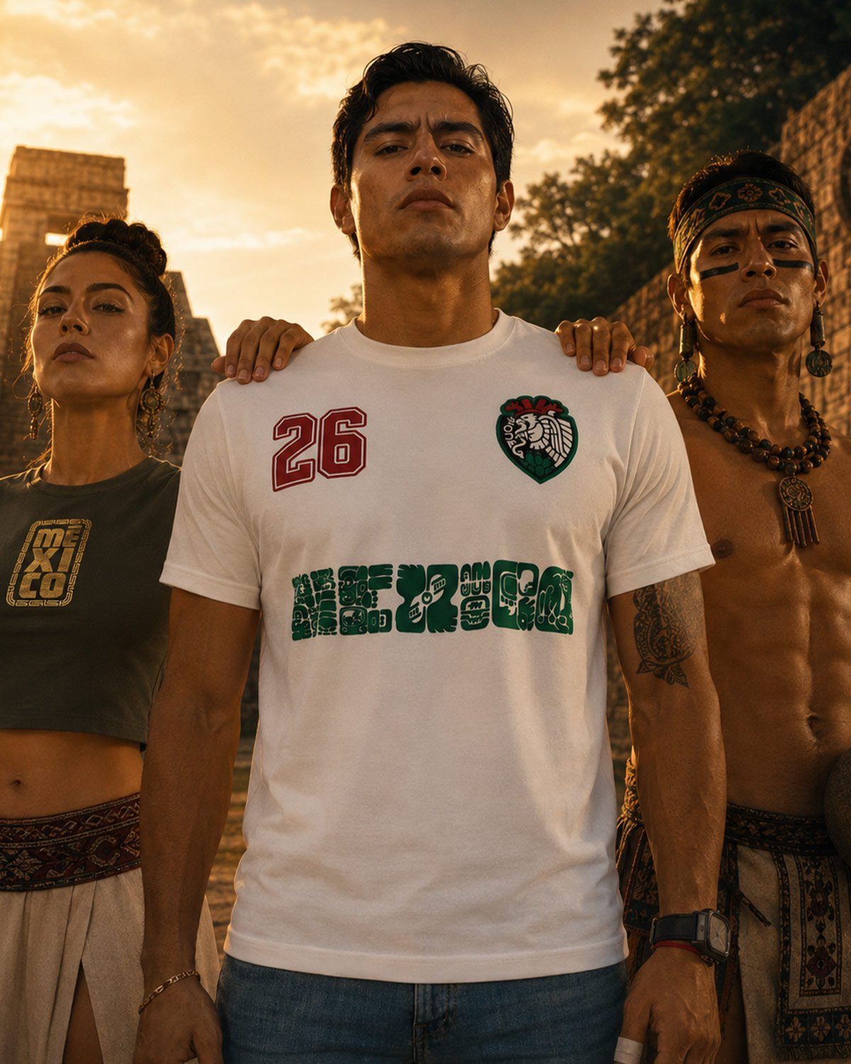Playera tipo jersey México de Origo, foto editorial con tres modelos en exteriores